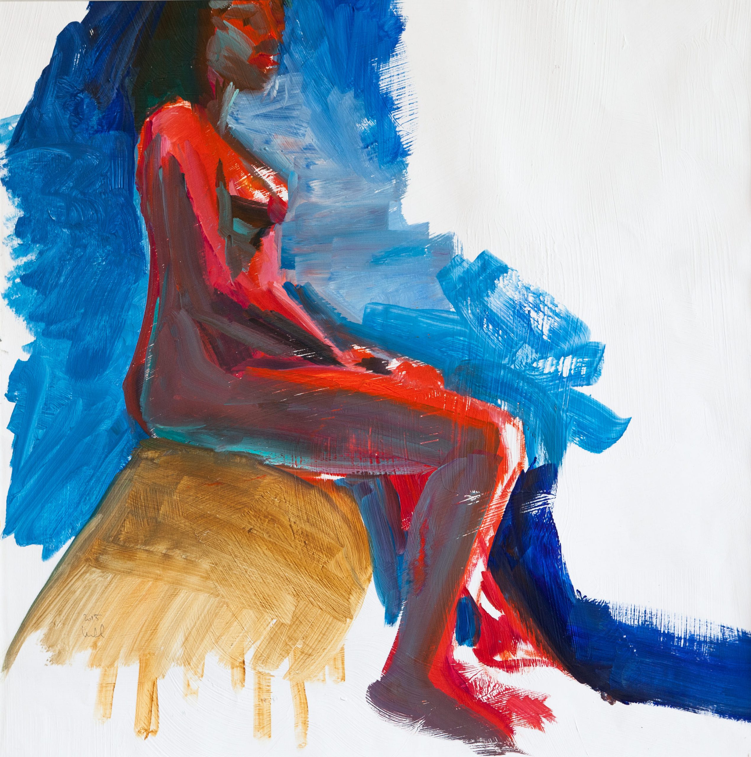 Femme rouge assise – Huile sur papier – 50cm x 50cm