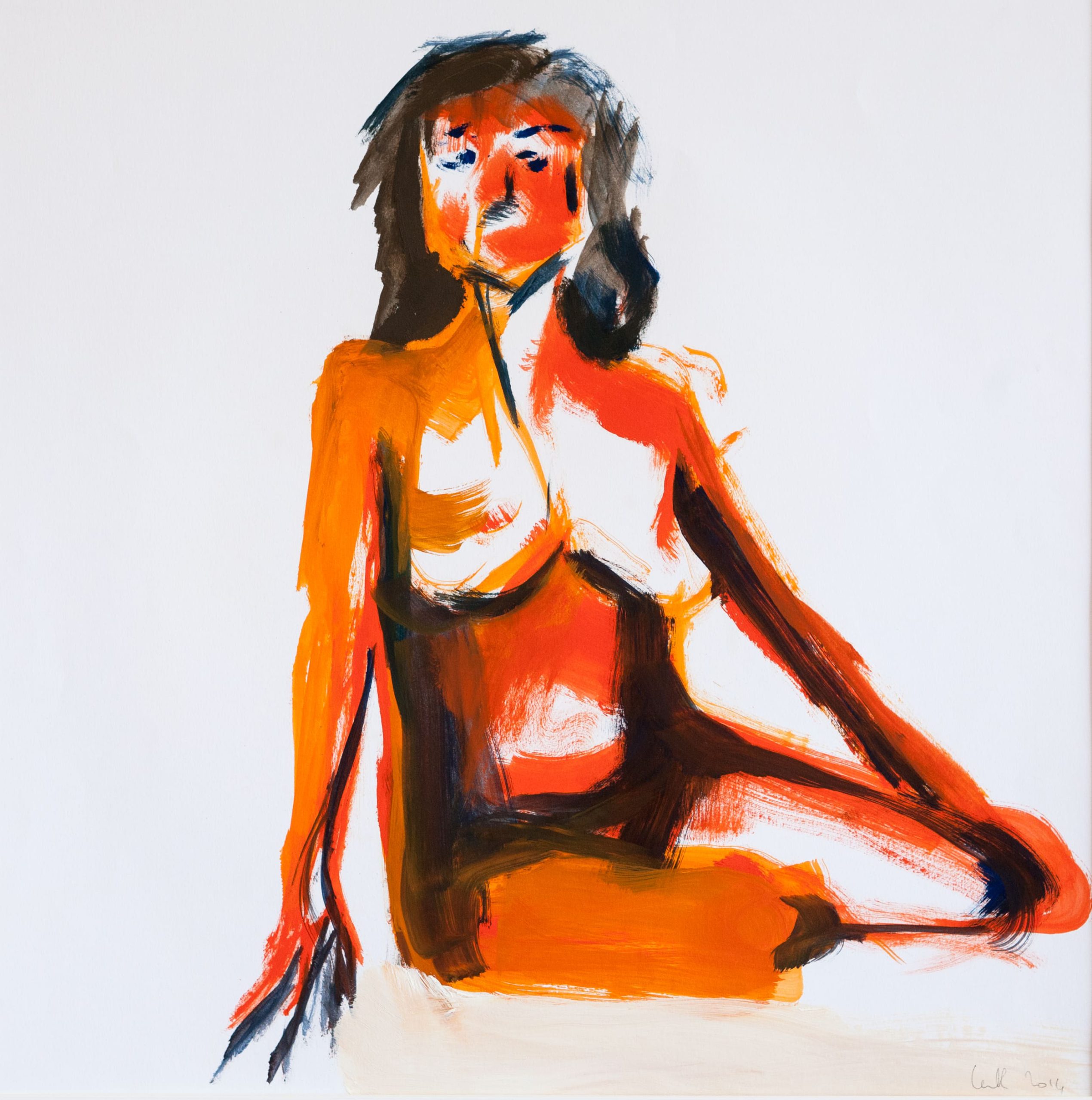Femme orange assise de face – Huile sur papier – 50cm x 50cm