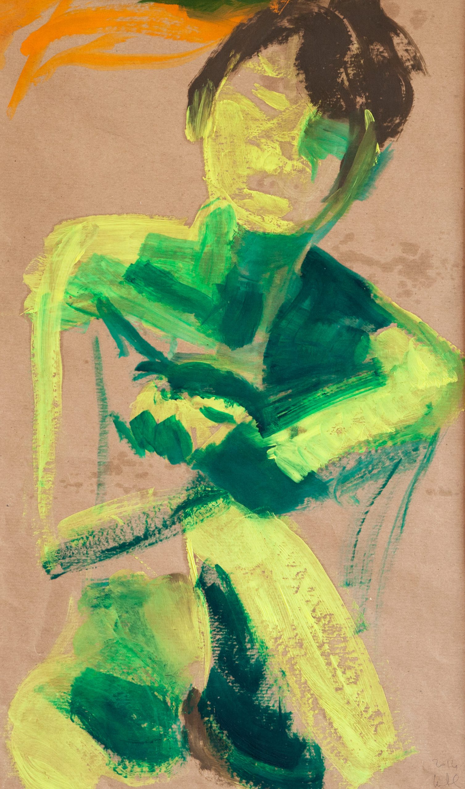 Femme jaune et verte accroupie– Huile sur craft – 30cm x 50cm