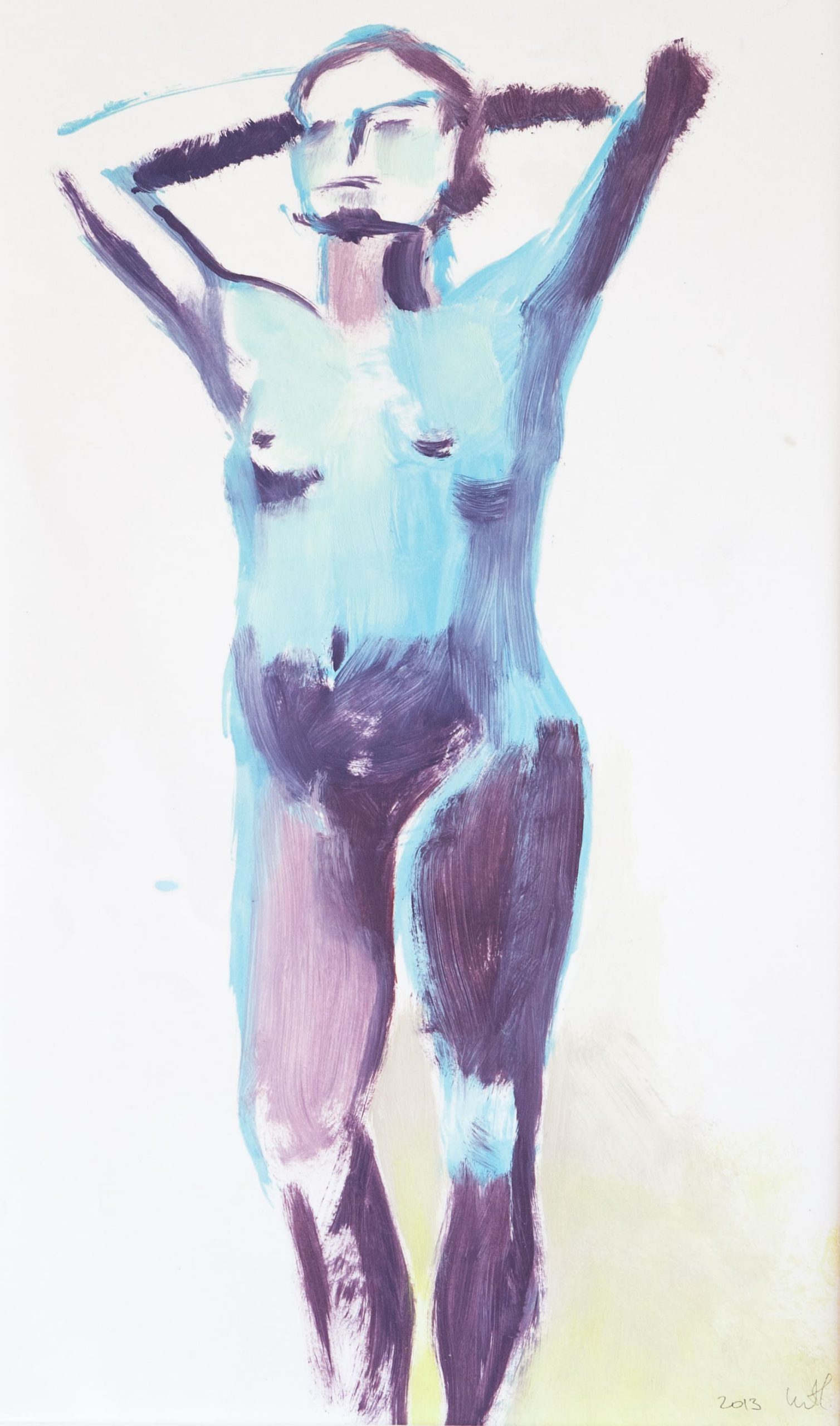 Femme bleue debout les bras en l’air – Huile sur papier – 25cm x 50cm
