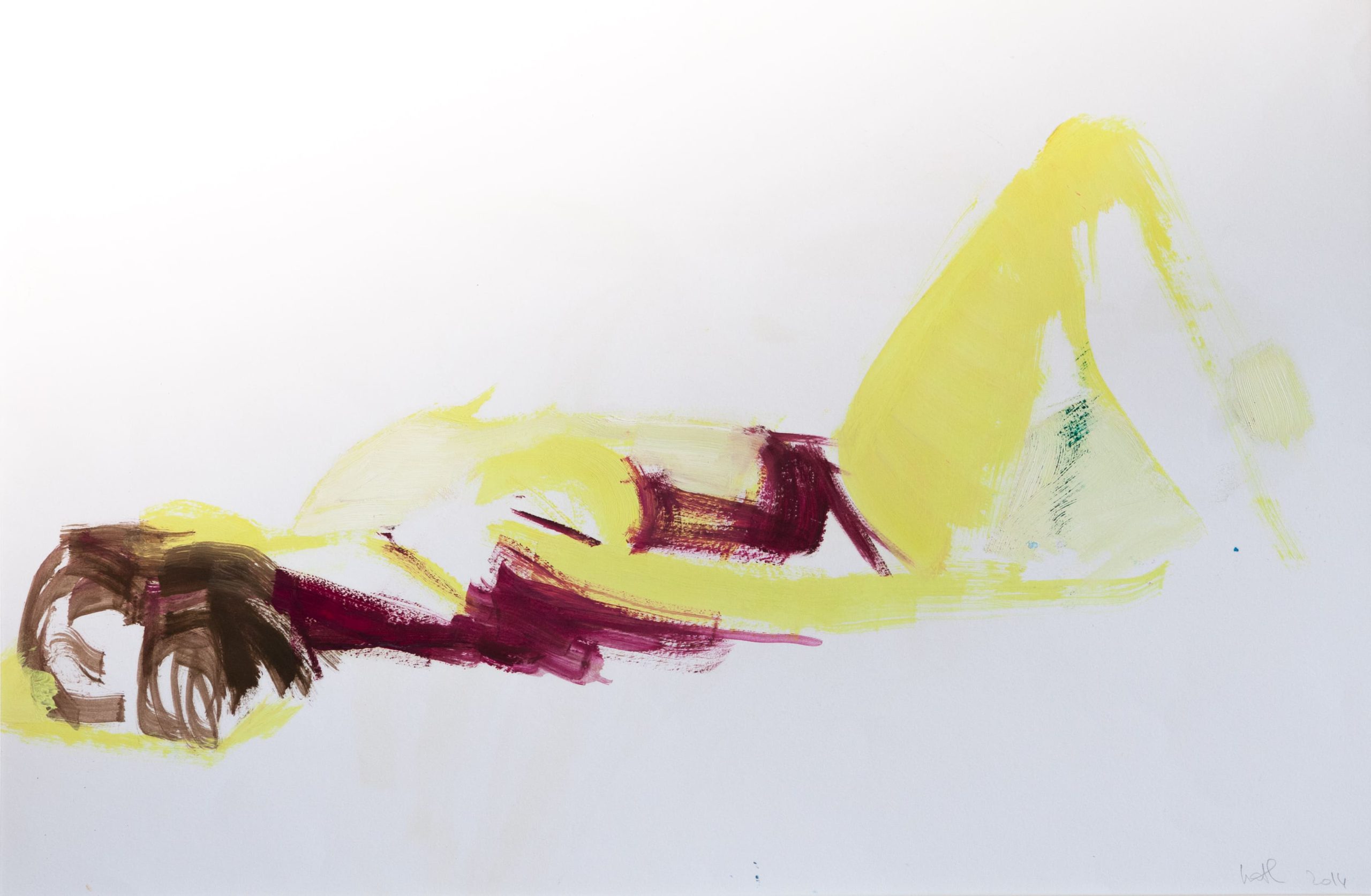 Femme allongée jaune et violet – Huile sur papier – 60cm x 40cm