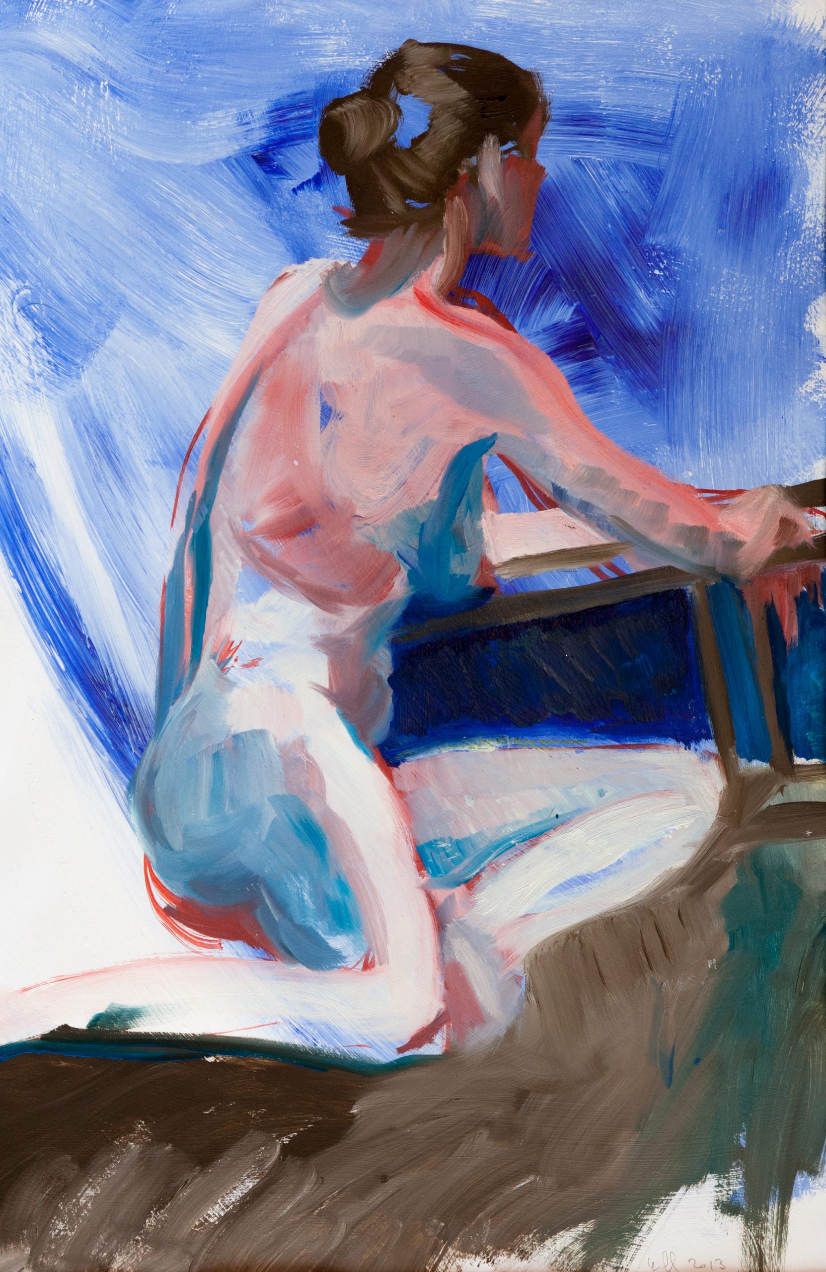 Femme sur fond bleu – Huile sur papier – 40cm x 60cm