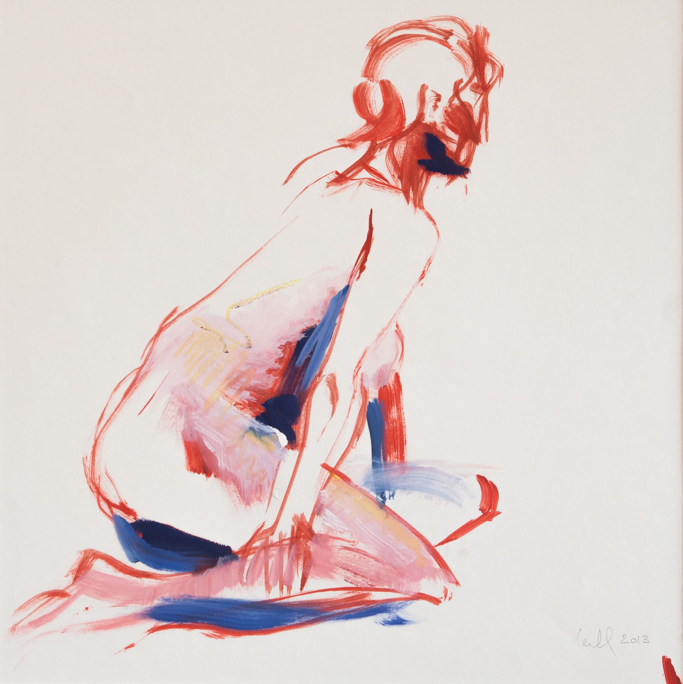 Femme à genoux rouge et bleue – Huile sur papier – 40cm x 40cm