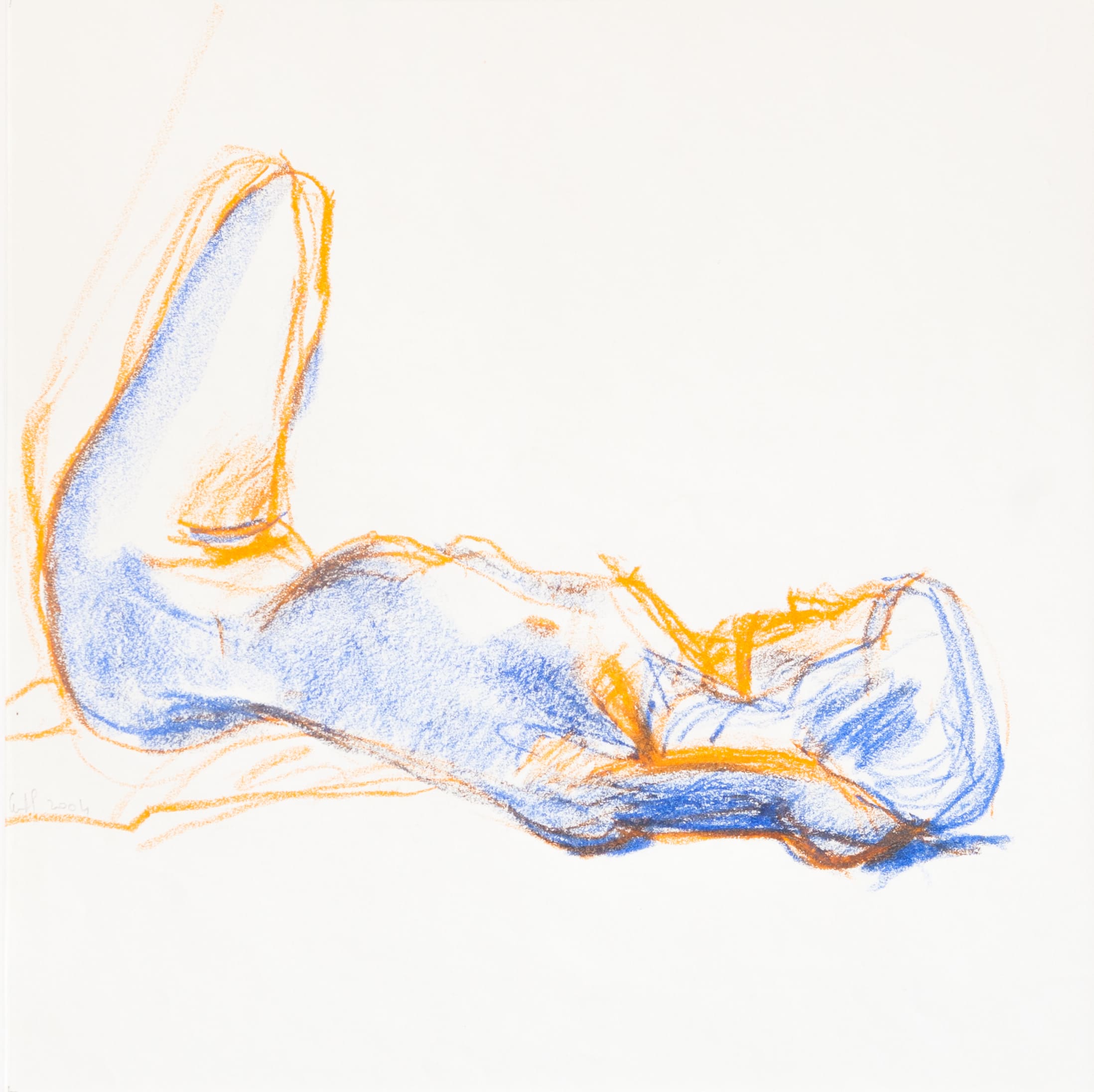 Femme allongée orange et bleue – 40cm x 40cm – Pastel gras sur papier