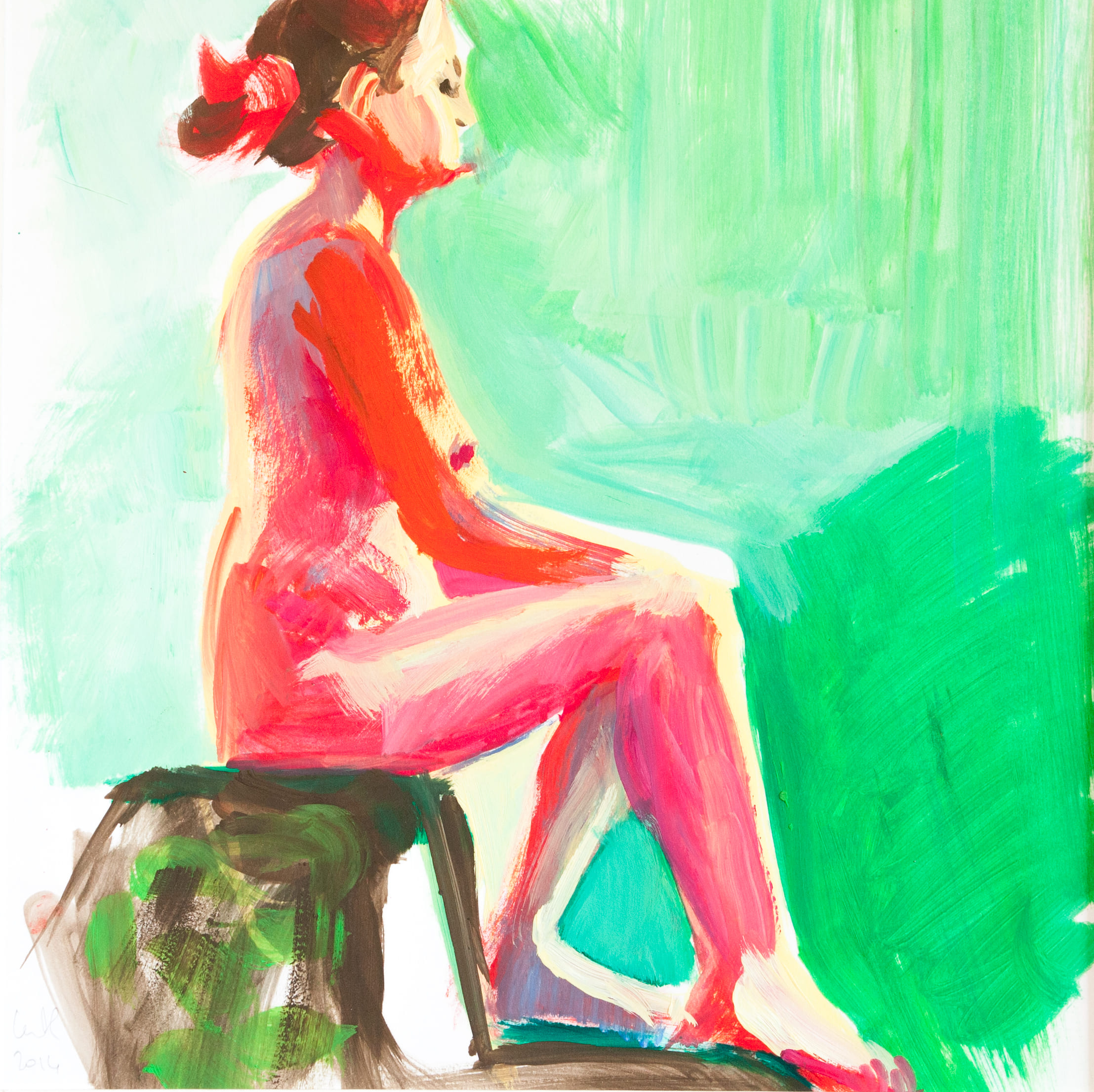 Femme rouge sur fond vert – Huile sur papier – 40cm x 40cm